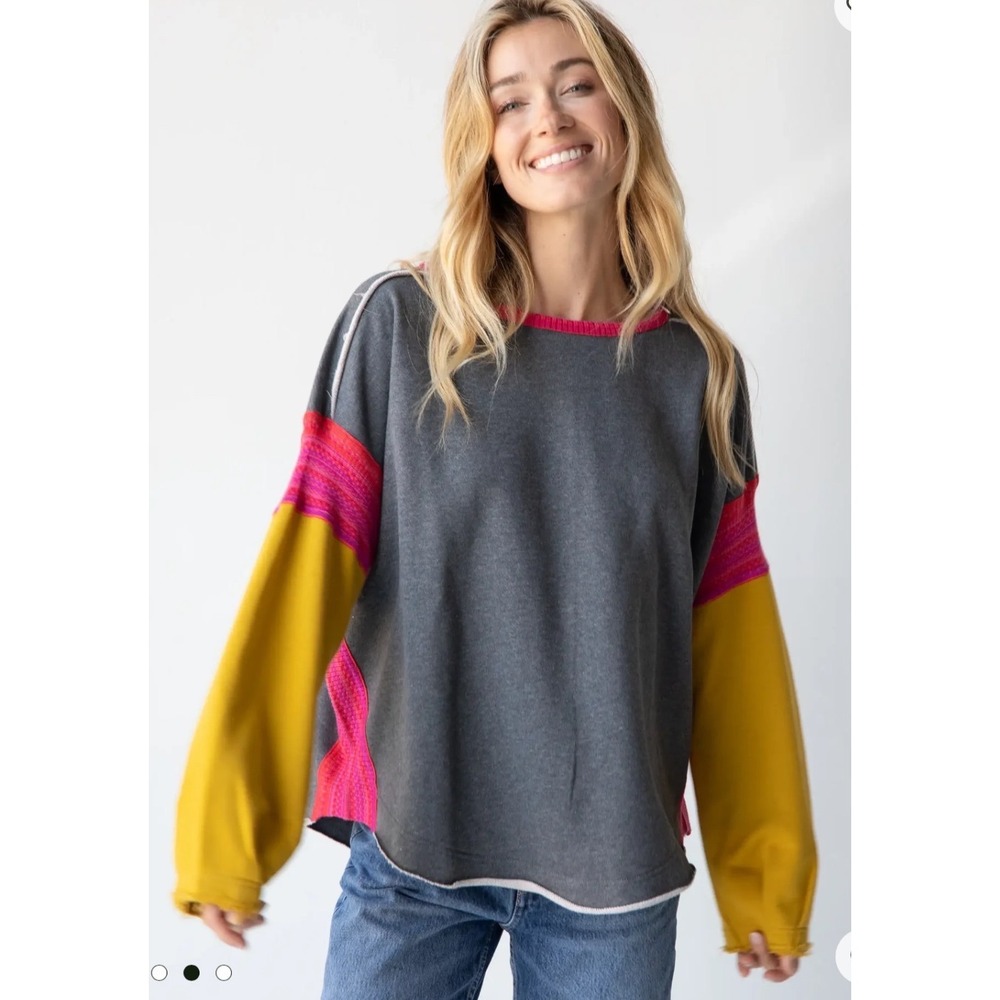 Natural Life Knit Trim‎ Sweatshirt Grey Colorblock Boho Raw Edge S/M
